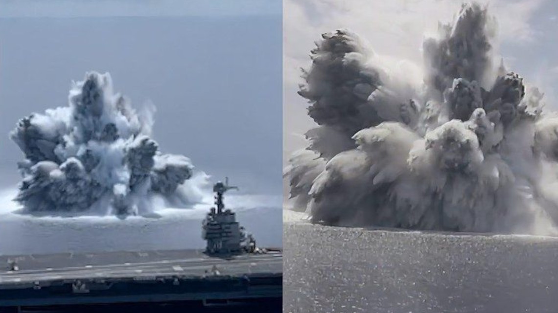 <b>美军航母旁数千磅炸药爆炸 冲击试验</b>